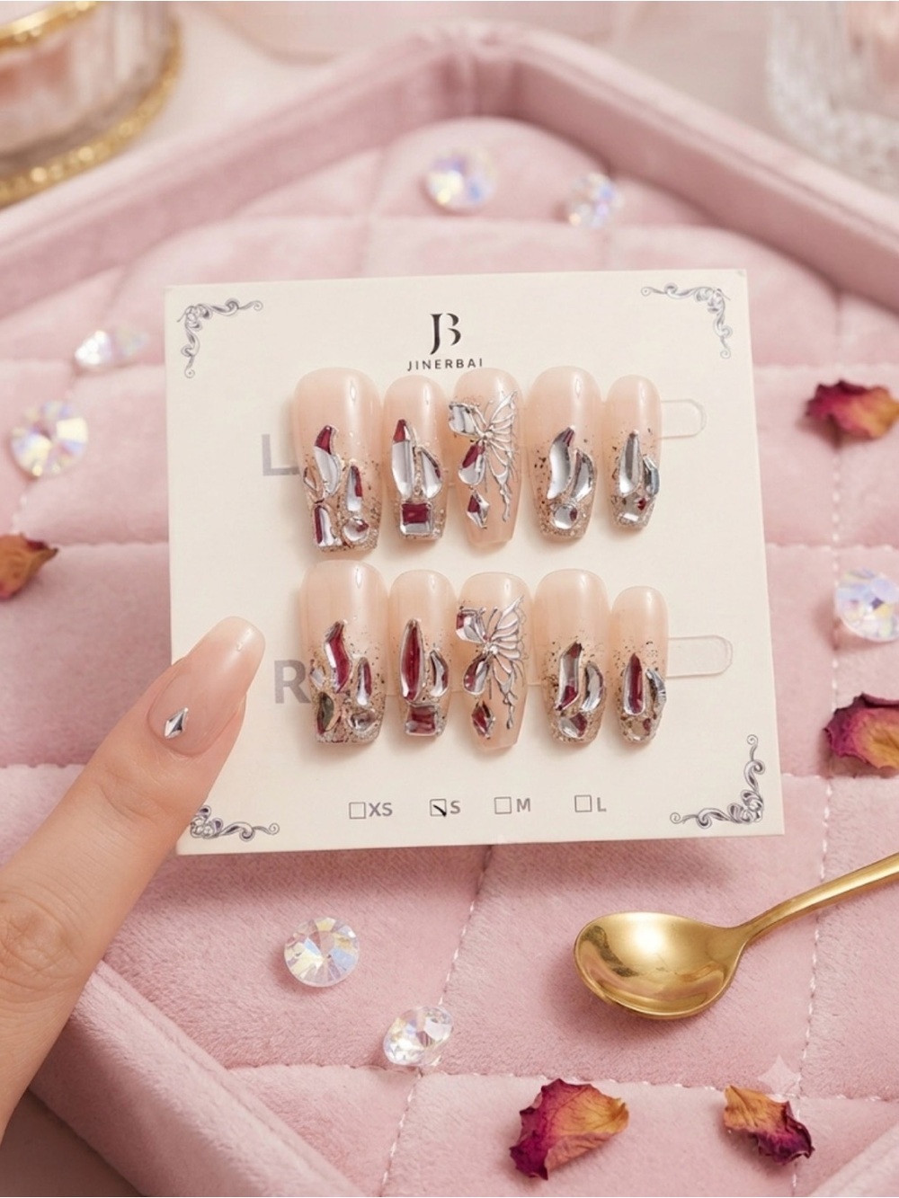Nude Pink Press-On Nails with Silver Foil Accents